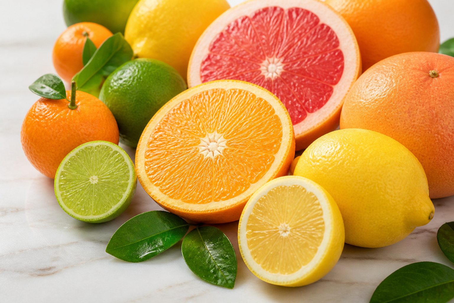 Close-up of Citrus Fruit as fresh whole and cut fruit on a clean wooden or marble surface