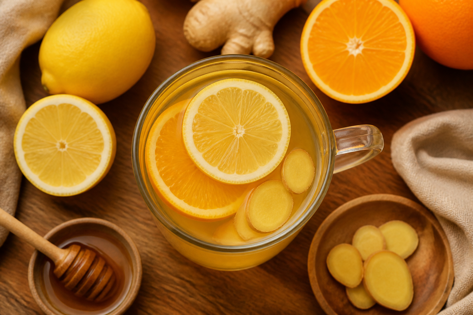 Overhead shot of Citrus Ginger Immune Tea plated appetizingly in a tall glass or mug