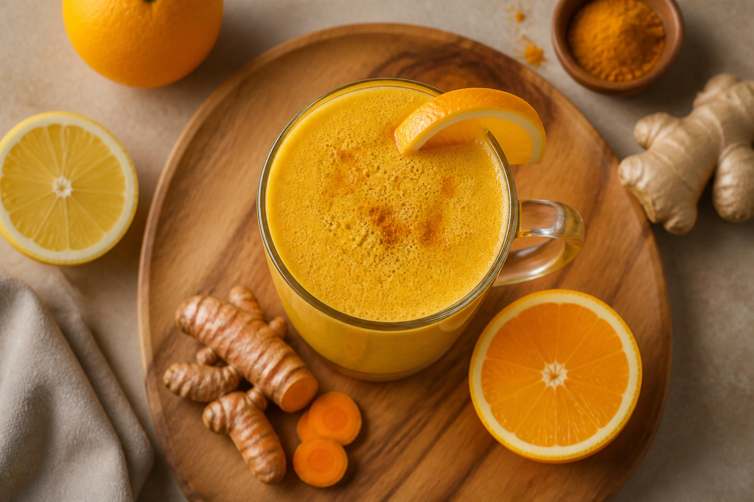Overhead shot of Citrus Turmeric Immunity Smoothie plated appetizingly in a tall glass or mug