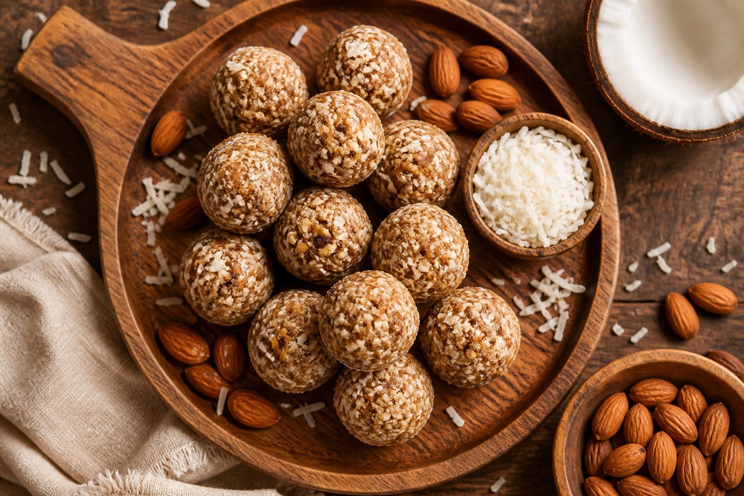 Overhead shot of Coconut Almond Energy Bites plated appetizingly in a wooden board