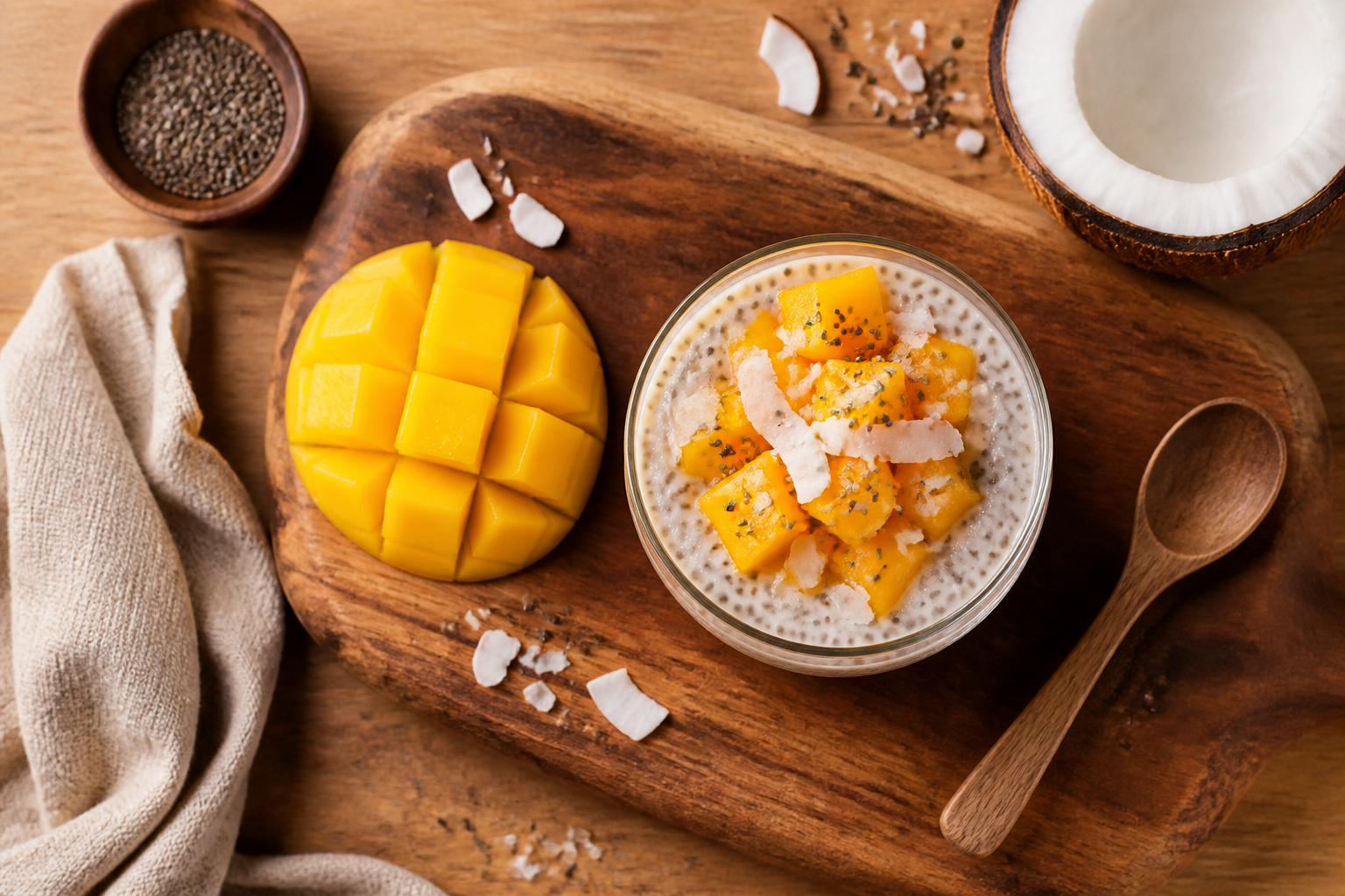 Overhead shot of Coconut Chia Parfait with Mango plated appetizingly in a wooden board