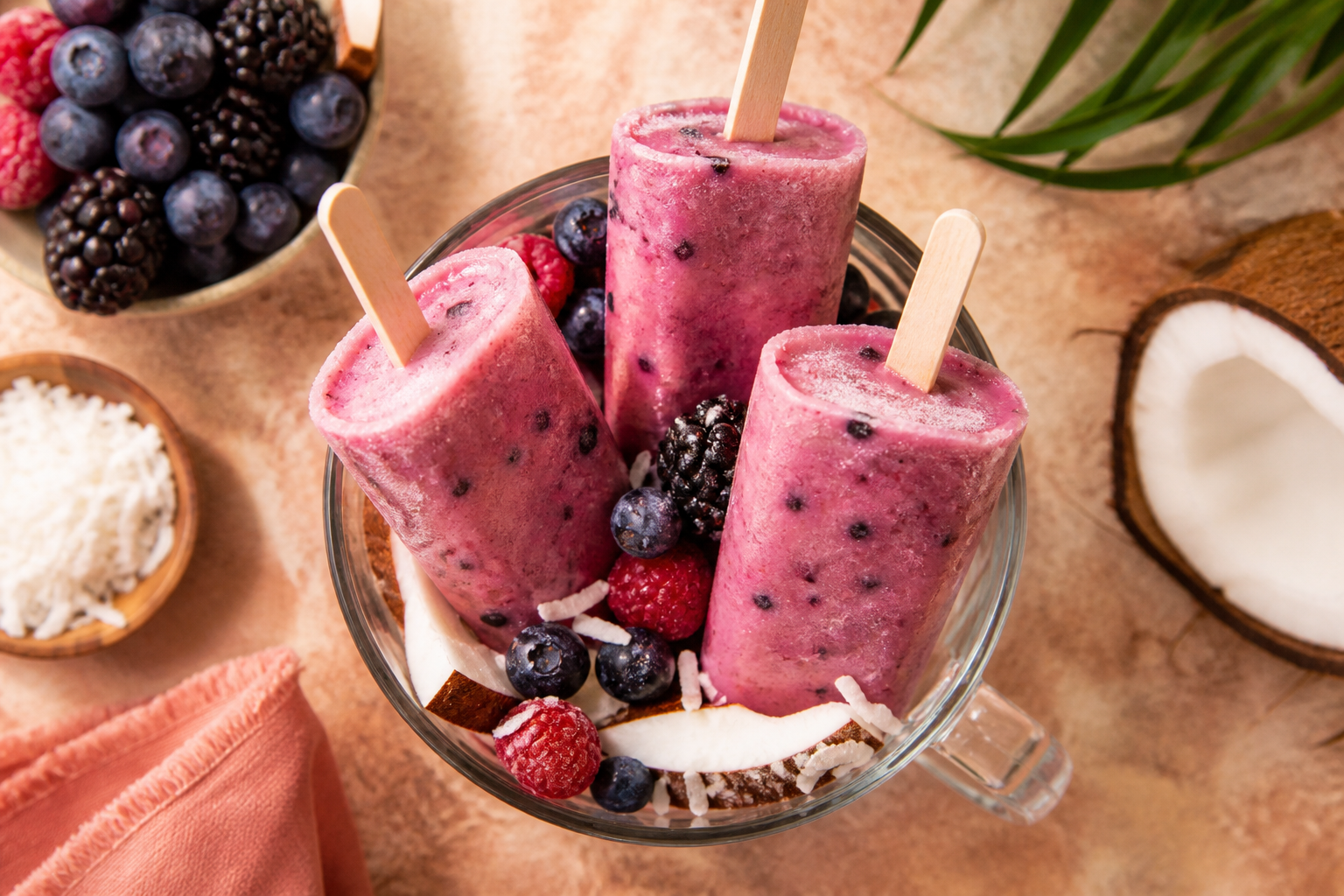 Overhead shot of Coconut Kefir Berry Popsicles plated appetizingly in a tall glass or mug