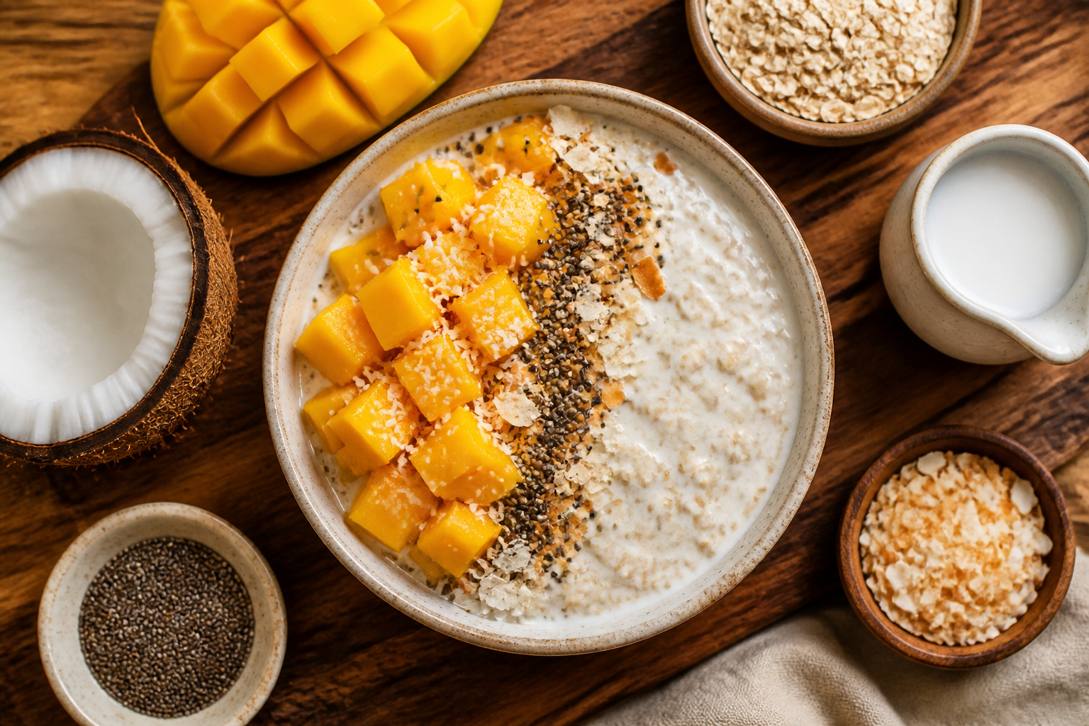 Overhead shot of Coconut Kefir Overnight Oats with Mango plated appetizingly in a wooden board