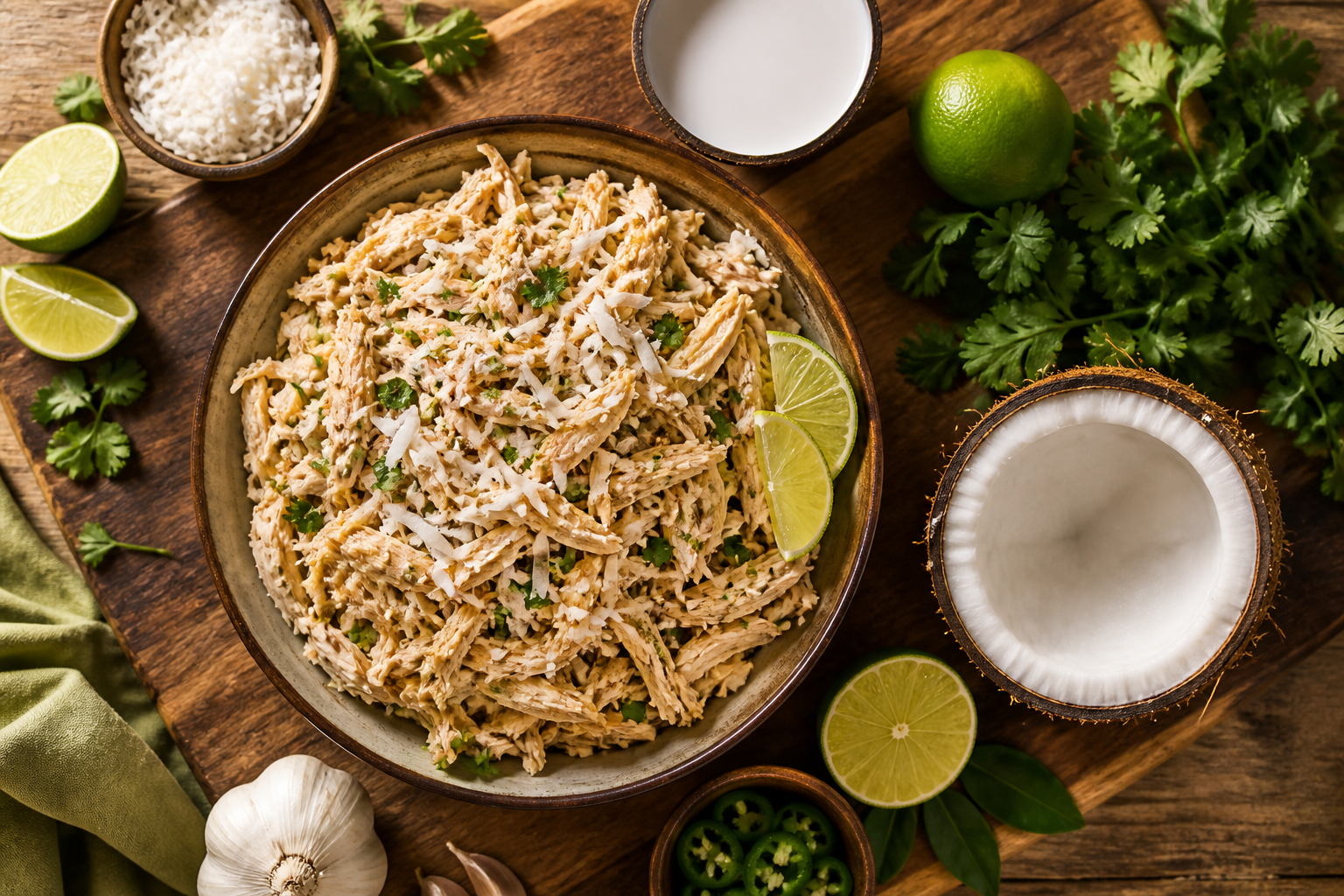 Overhead shot of Coconut Lime Shredded Chicken plated appetizingly in a wooden board