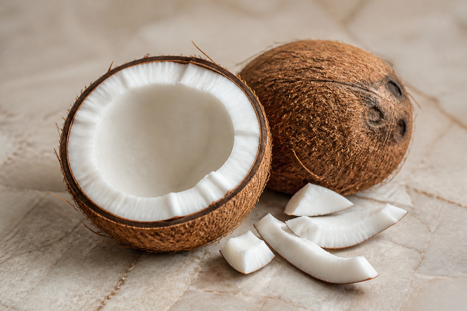 Close-up editorial still life of Coconut on a clean wooden or marble surface