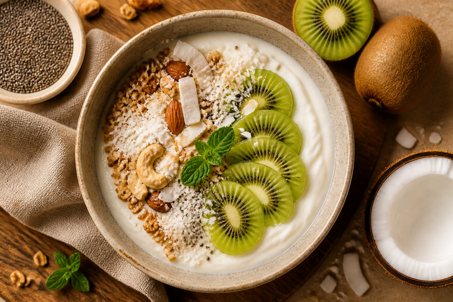 Overhead shot of Coconut Yogurt Bowl with Kiwi and Chia plated appetizingly in a ceramic bowl with toppings visible