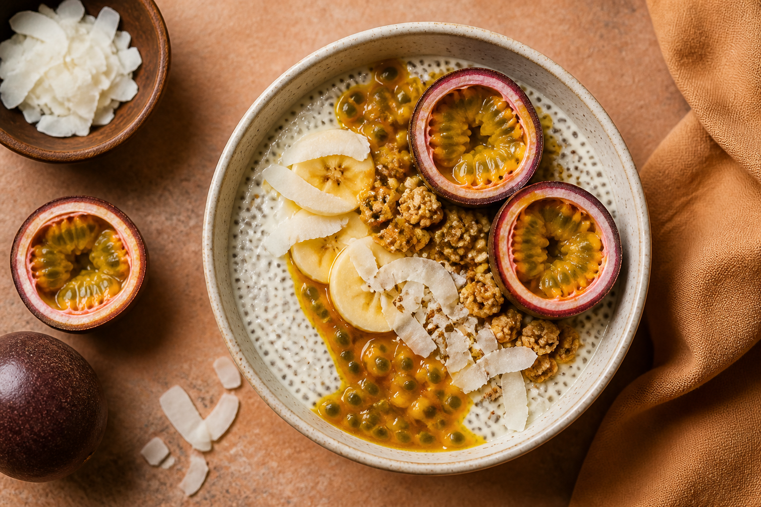 Overhead shot of Coconut Yogurt Chia Bowl with Passionfruit plated appetizingly in a ceramic bowl with toppings visible