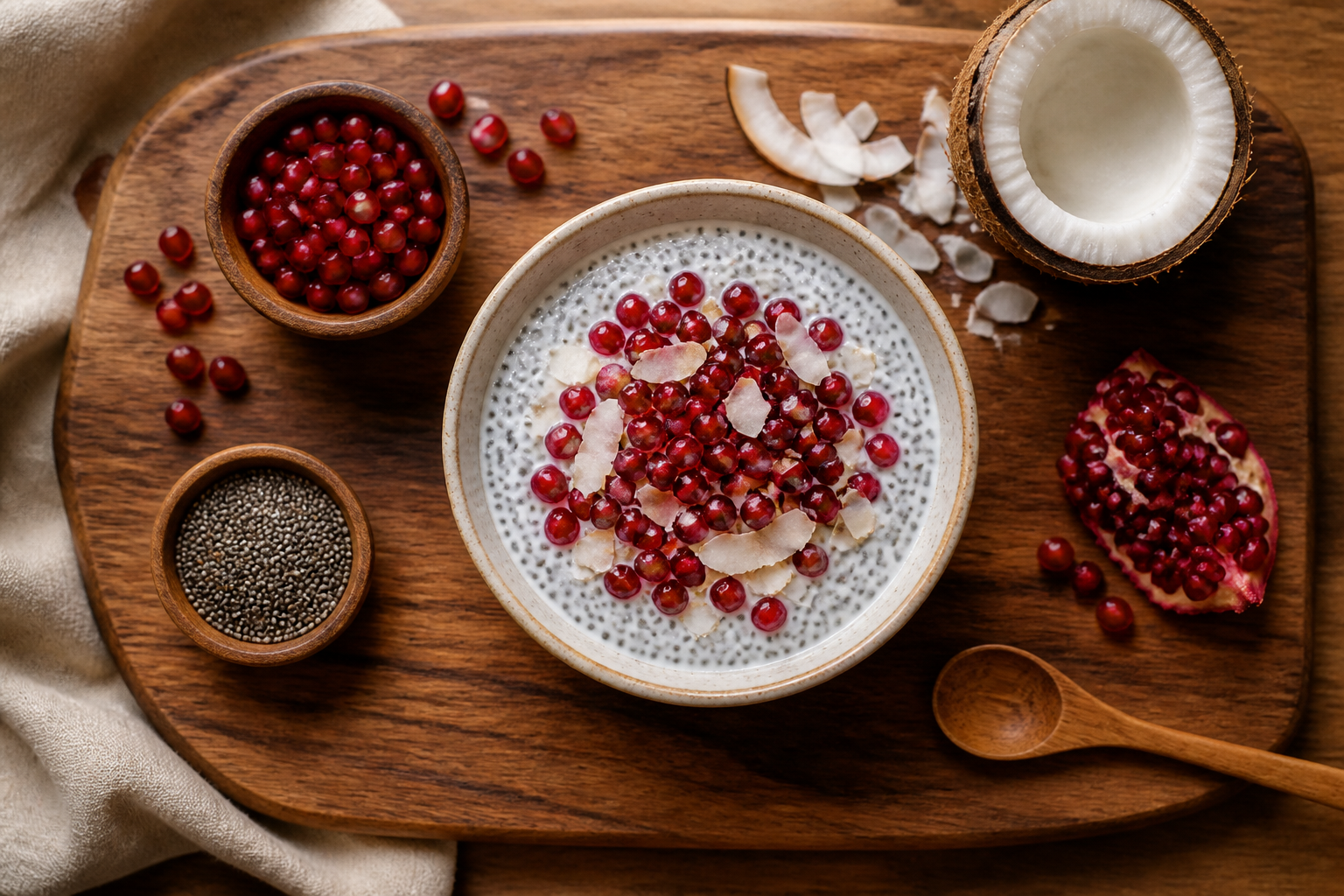 Overhead shot of Coconut Yogurt Chia Parfait with Pomegranate plated appetizingly in a wooden board