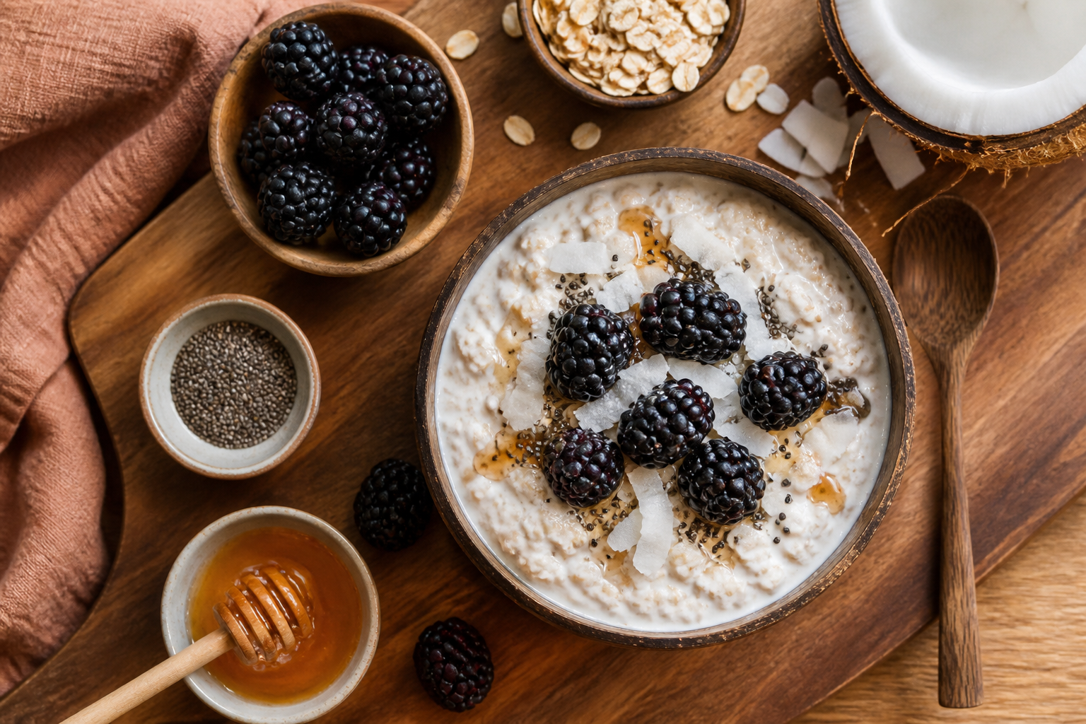 Overhead shot of Coconut Yogurt Overnight Oats with Blackberries plated appetizingly in a wooden board