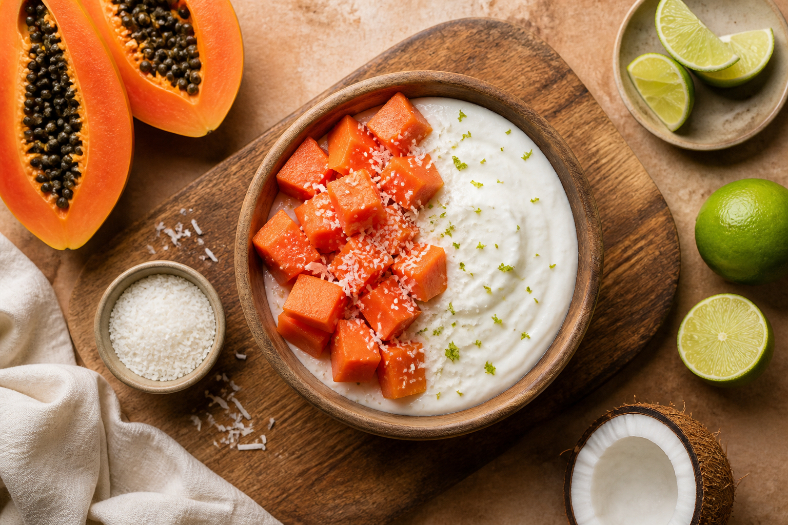 Overhead shot of Coconut Yogurt with Papaya and Lime plated appetizingly in a wooden board