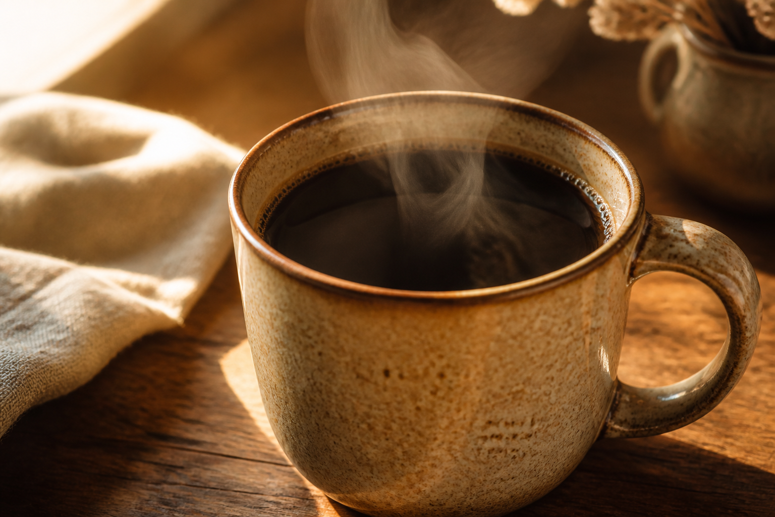 Close-up of a ceramic mug of black coffee on a wooden table