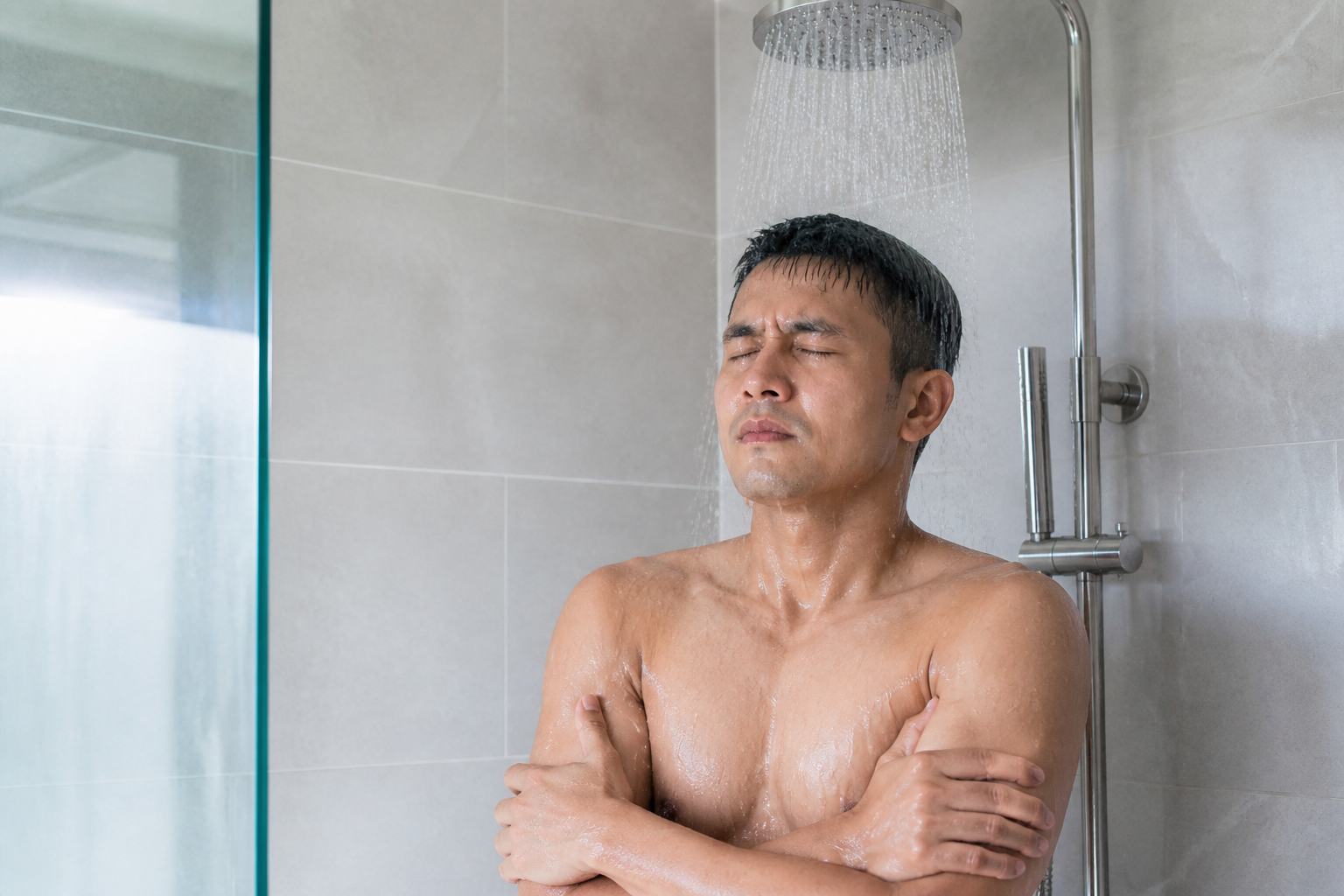 Filipino man in his 30s stepping into a cold shower
