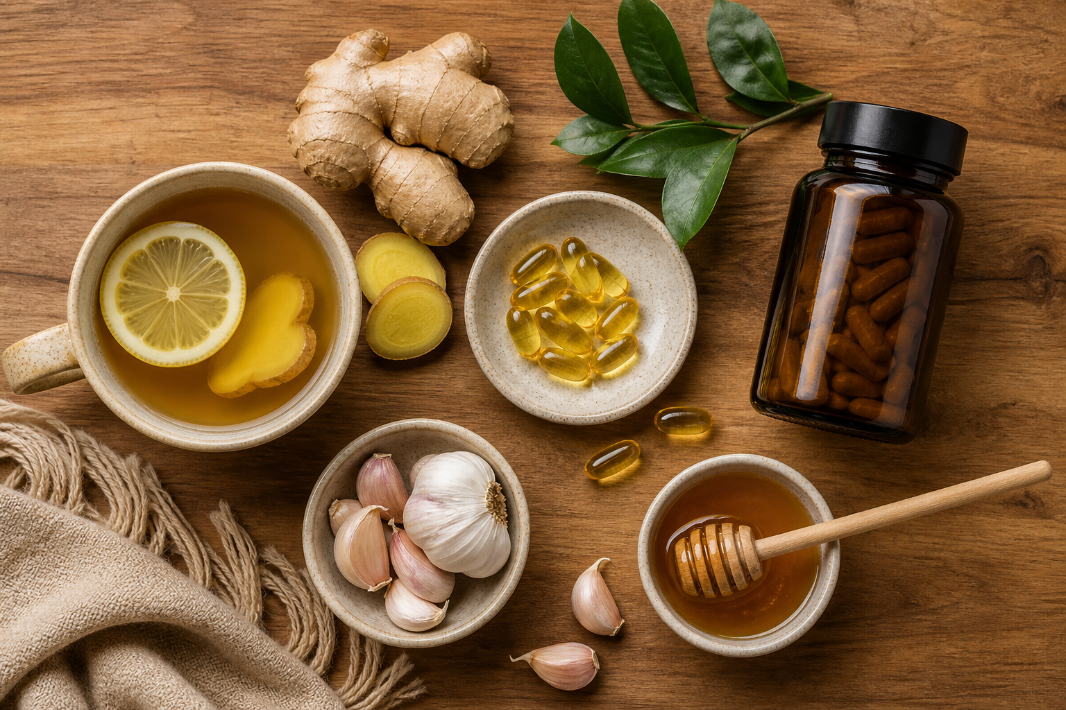 Flat lay of immune season essentials — ginger tea