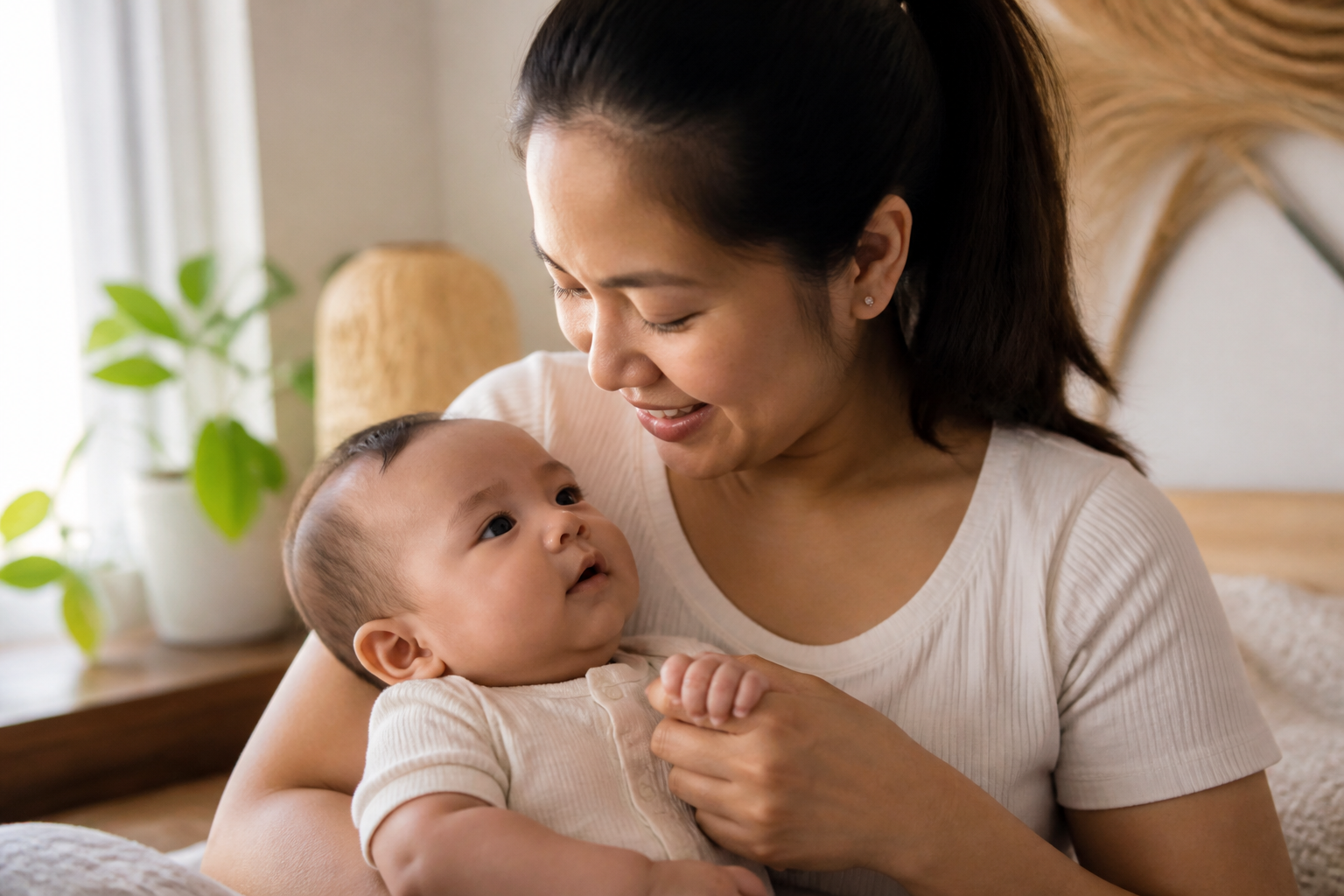 Filipino mother in her 30s with a baby in a softly lit home