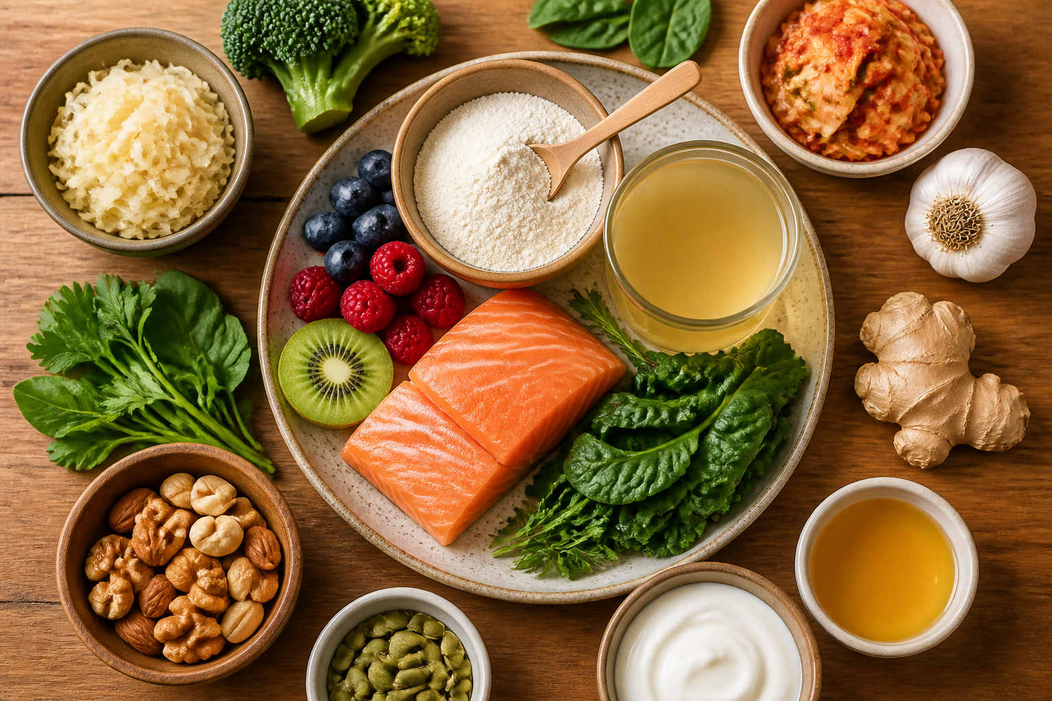 Overhead editorial still life related to Collagen and Your Gut on a warm wooden surface