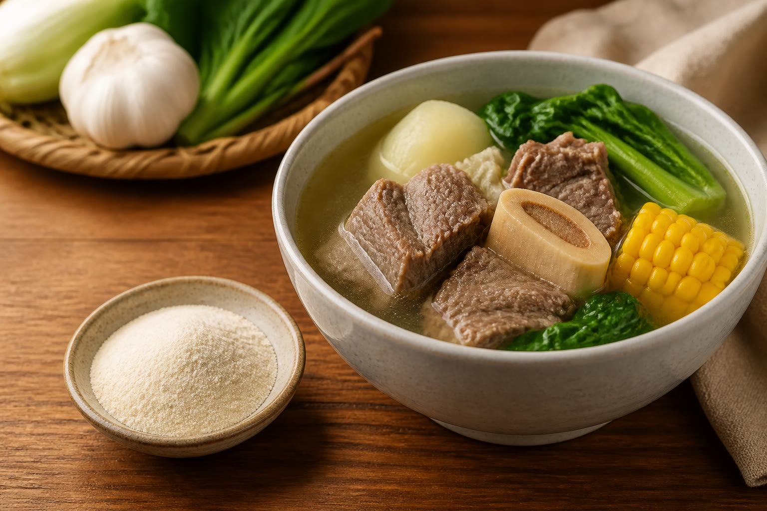 A bowl of nilaga broth next to a small dish of collagen powder.
