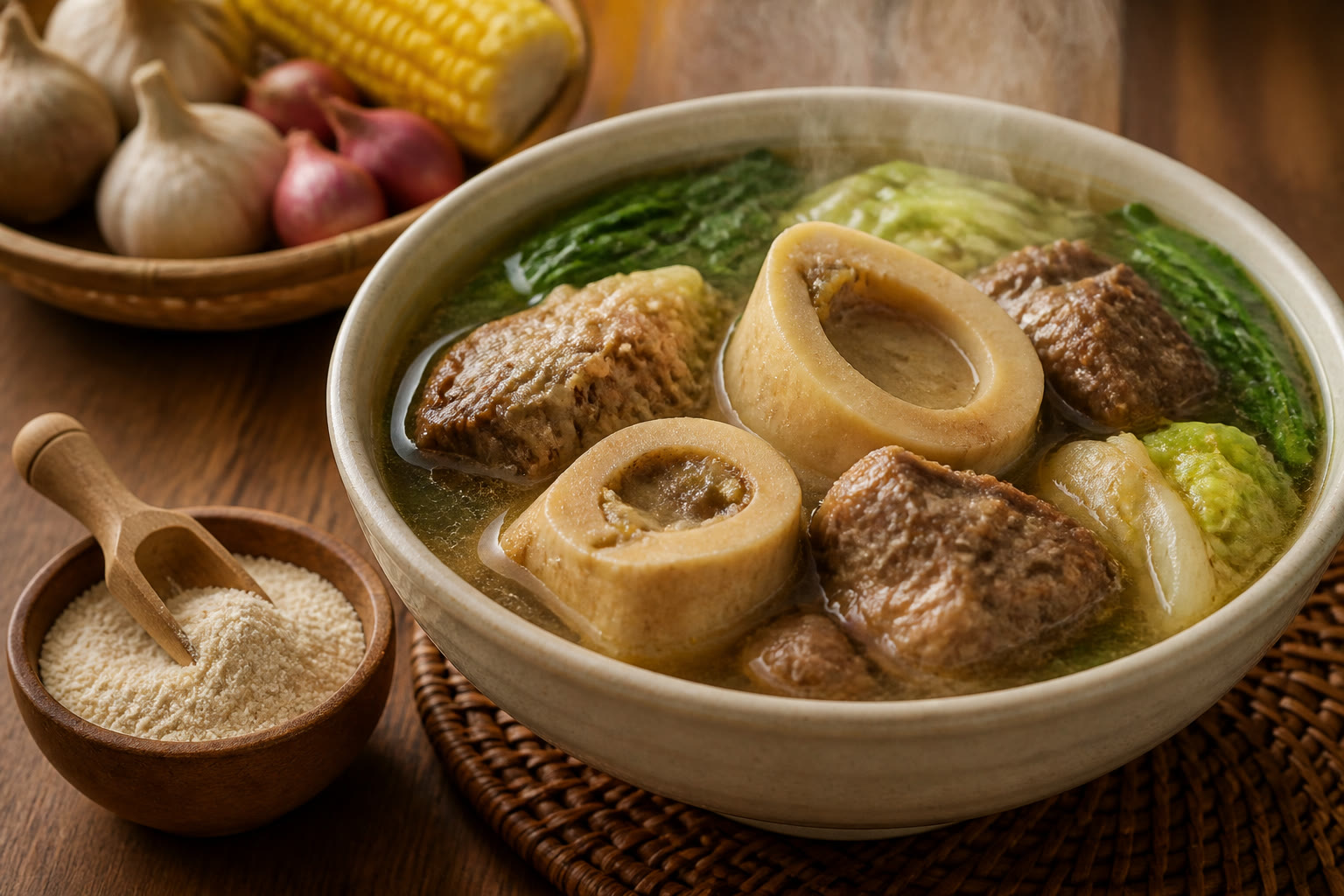 A steaming bowl of bulalo beside a scoop of collagen powder.