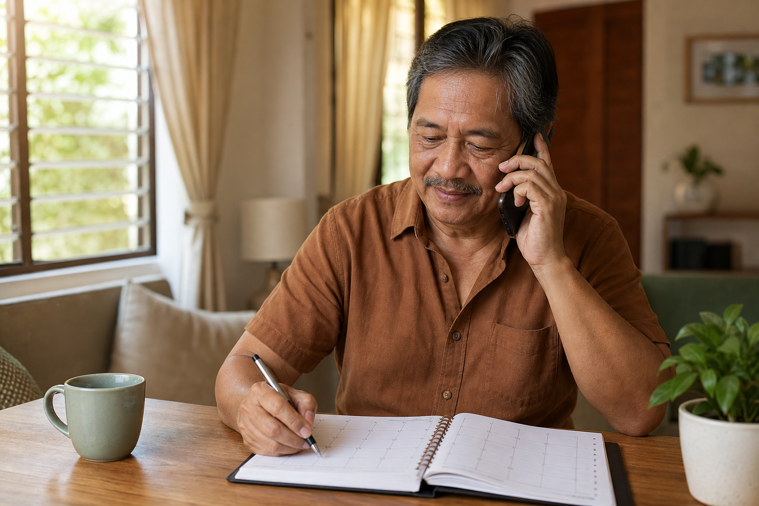 Filipino man in his 50s on a phone call with a healthcare provider
