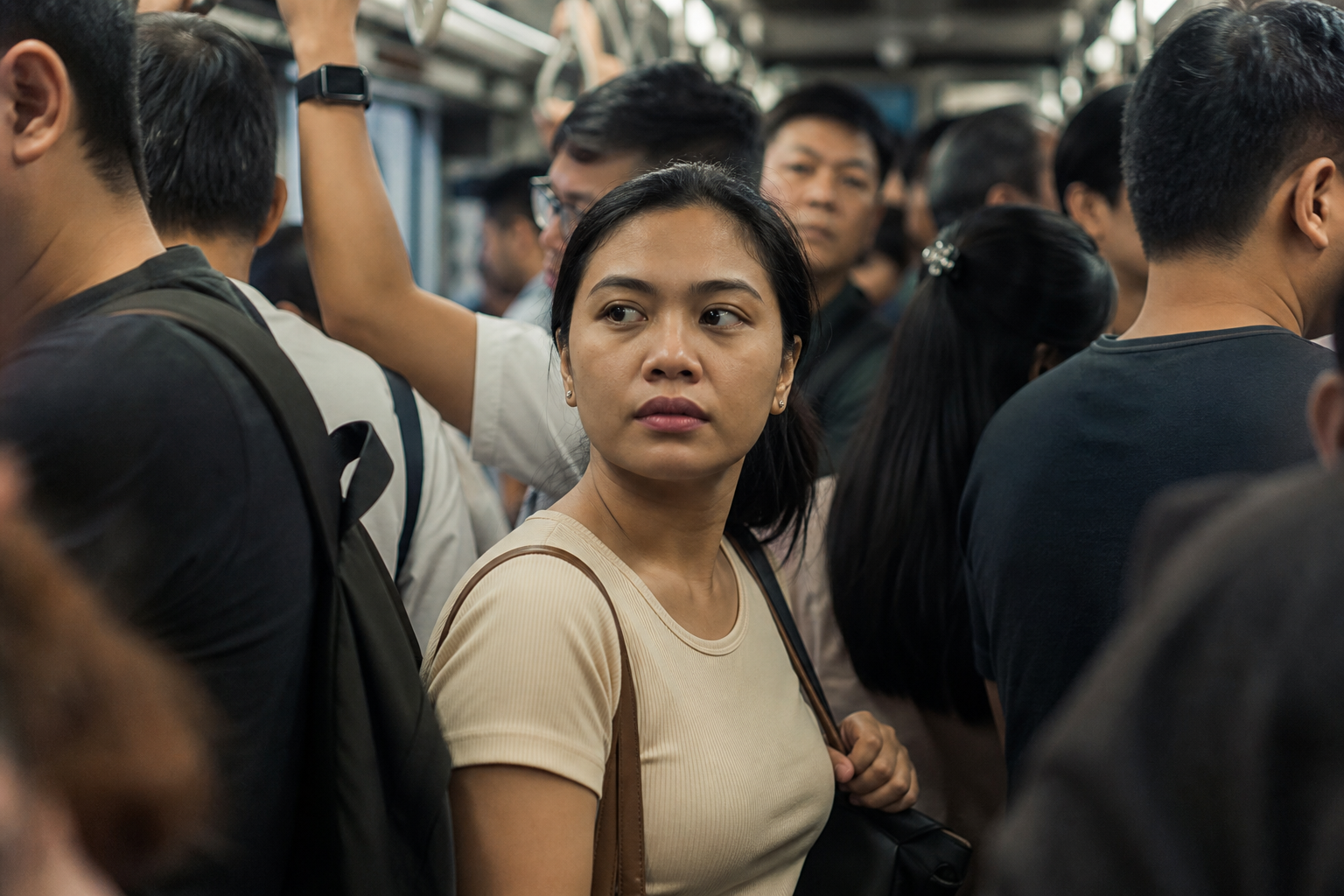 Filipino woman in her 30s on a crowded MRT