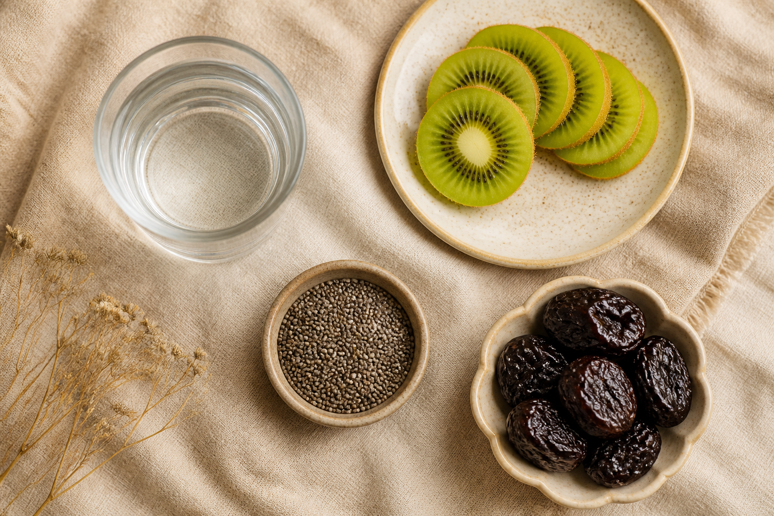 Overhead flat lay of water, sliced kiwi, chia seeds, and prunes on cream linen