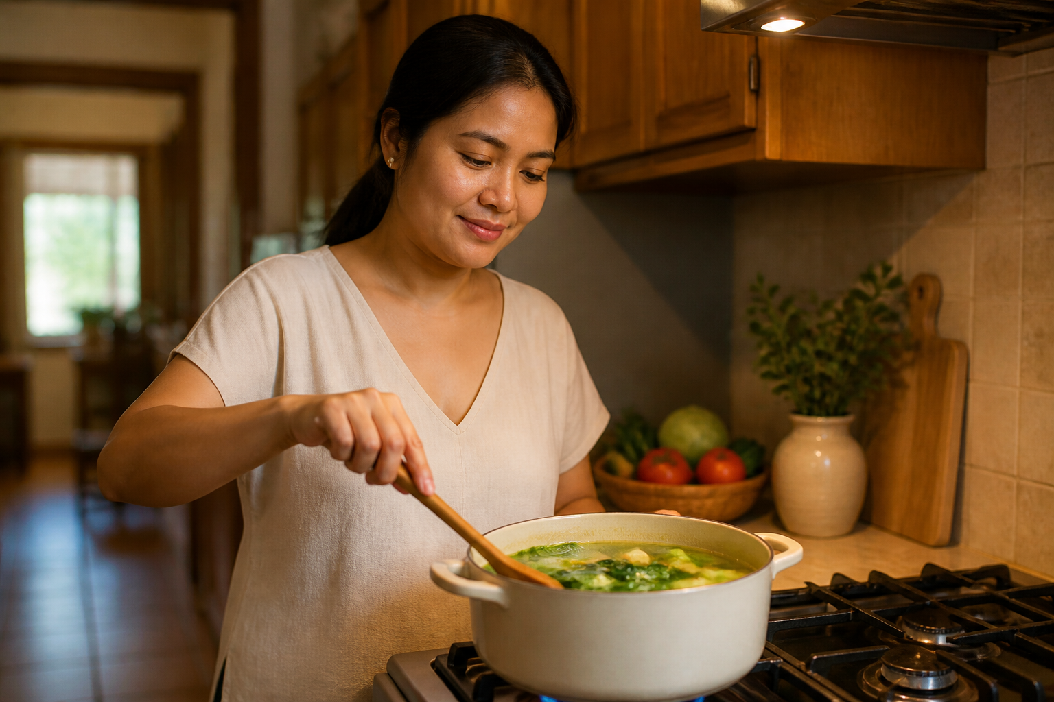 Filipino woman in her 30s at a stove