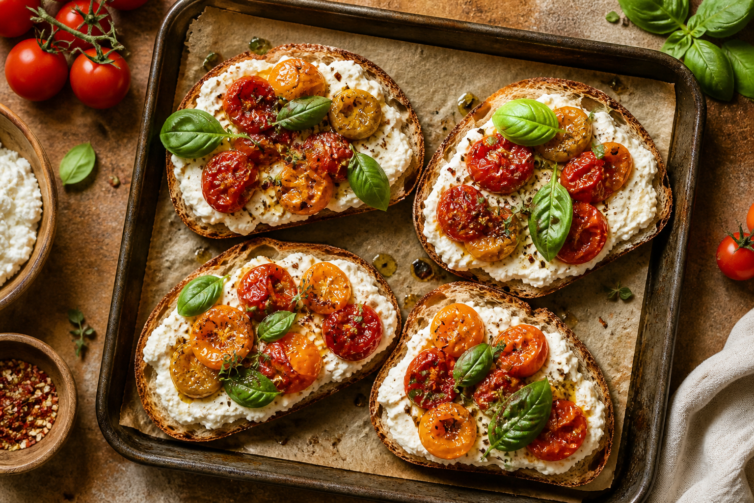 Overhead shot of Cottage Cheese and Roasted Tomato Toast plated appetizingly in a baking tray