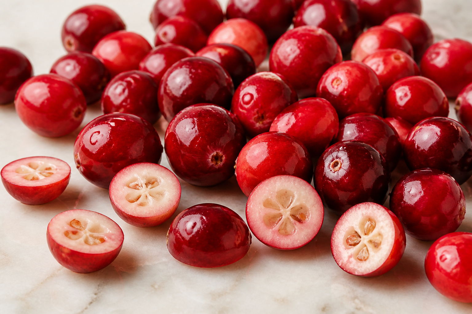 Close-up of Cranberries as fresh whole and cut fruit on a clean wooden or marble surface