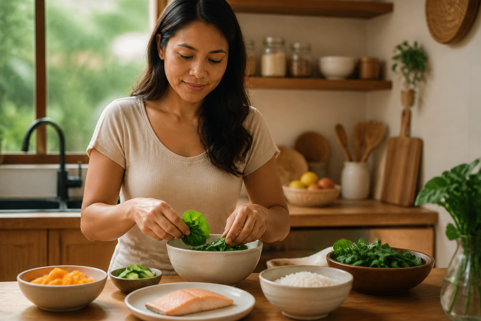 Filipino woman in her 30s preparing a simple meal from a short list of safe foods