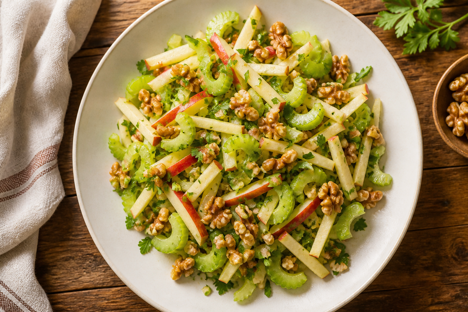 Overhead shot of Crunchy Celery Apple Walnut Salad plated appetizingly in a wide clean plate