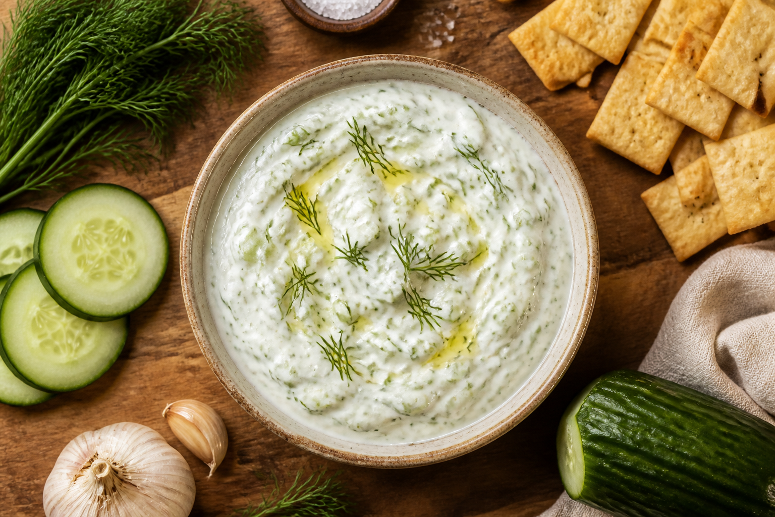 Overhead shot of Cucumber Dill Yogurt Dip plated appetizingly in a small ceramic bowl