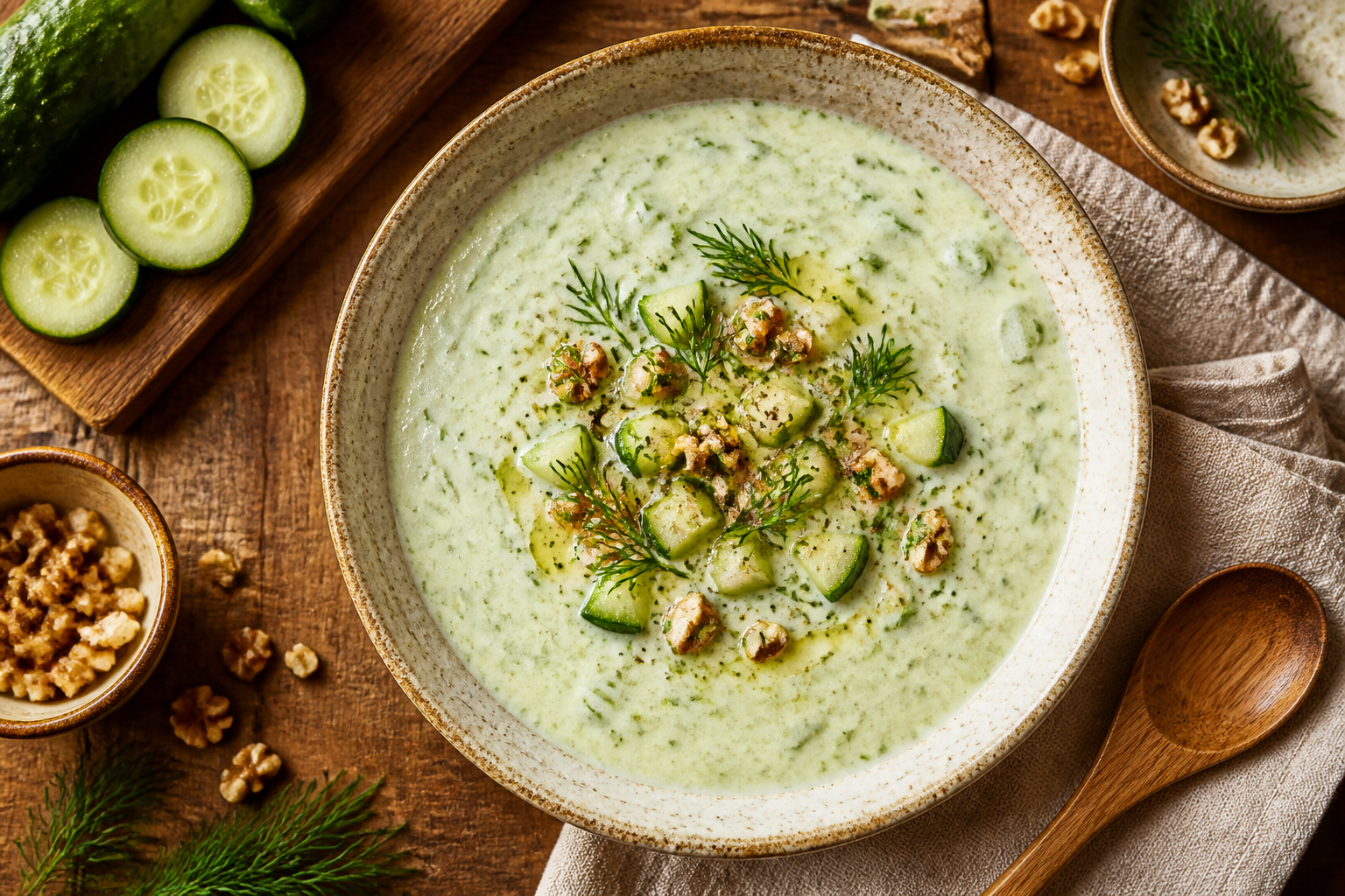 Overhead shot of Cucumber Dill Yogurt Soup with Walnuts plated appetizingly in a ceramic bowl
