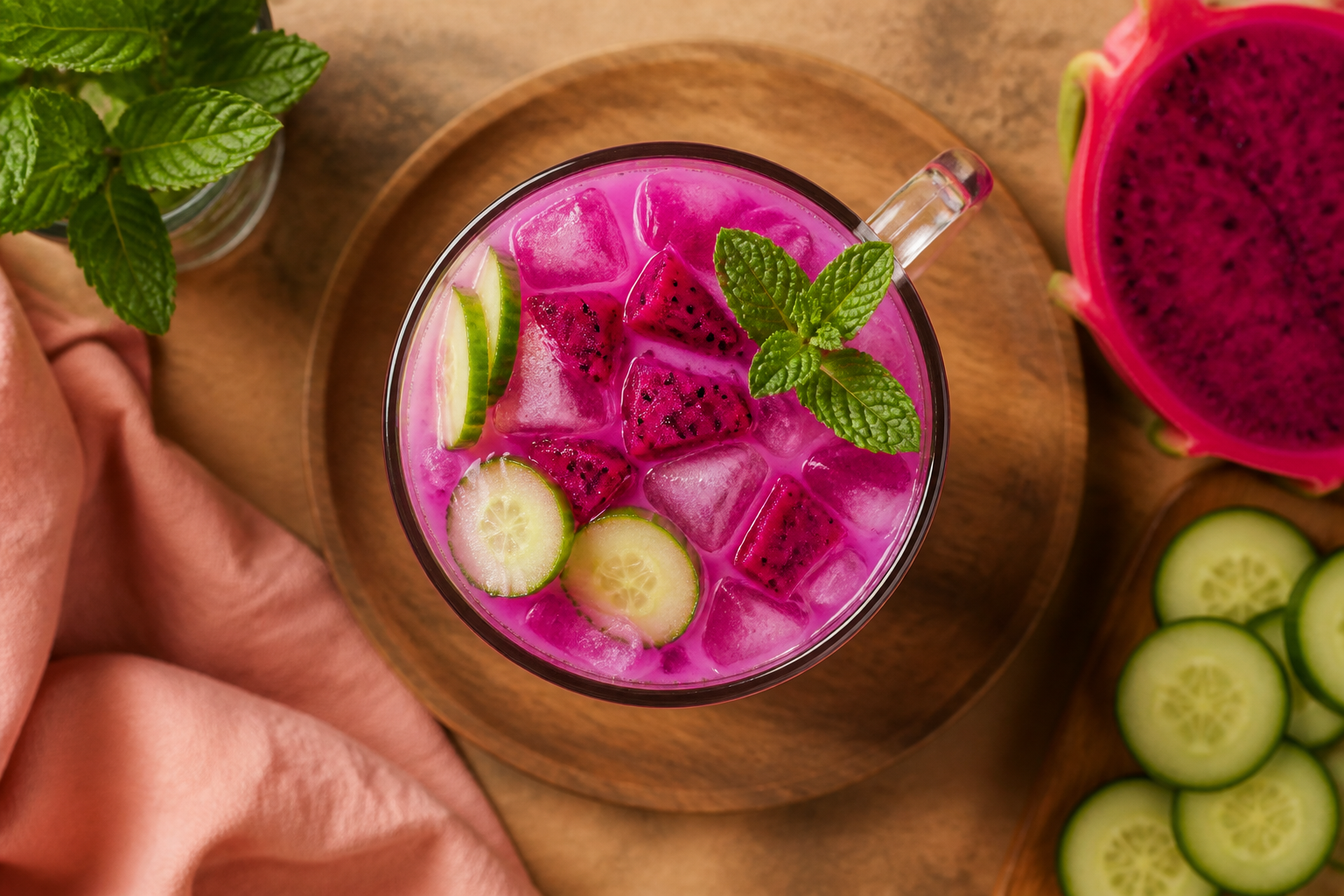 Overhead shot of Cucumber Dragon Fruit Cooler plated appetizingly in a tall glass or mug