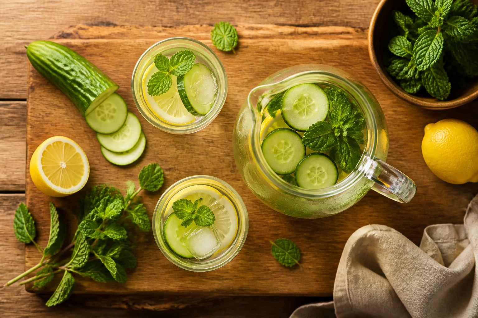 Overhead shot of Cucumber Mint Infused Water plated appetizingly in a wooden board