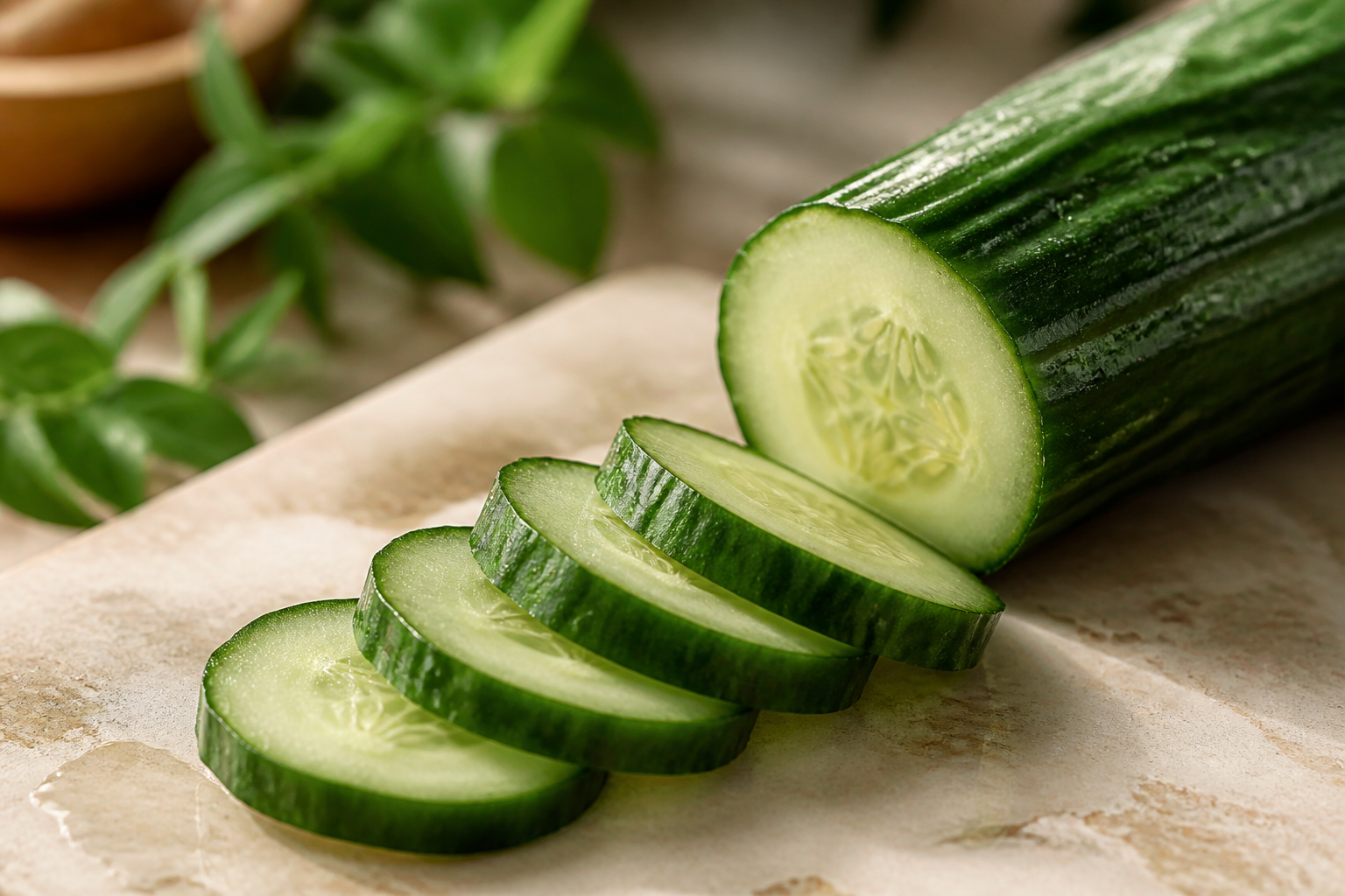 Close-up editorial still life of Cucumber on a clean wooden or marble surface