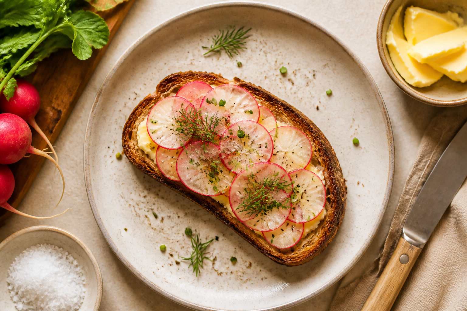 Overhead shot of Cultured Butter and Radish Toast plated appetizingly in a clean plate