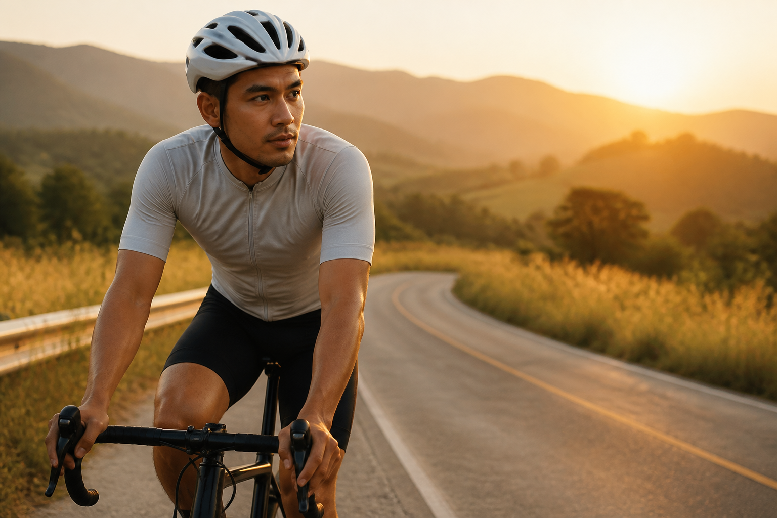 Filipino man on a road bike on an early morning country road