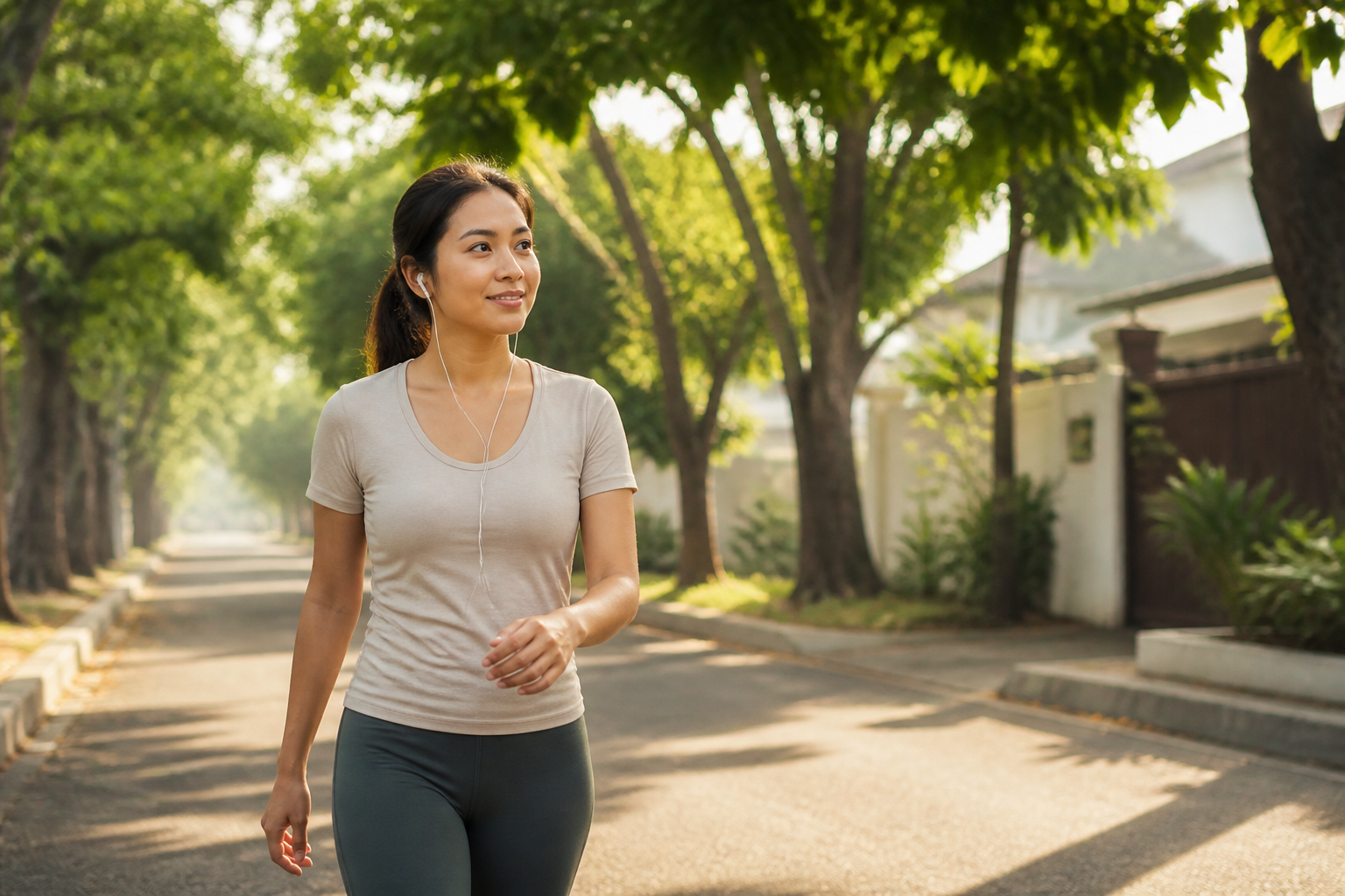 Filipino woman in her 30s walking on a tree-lined neighborhood street