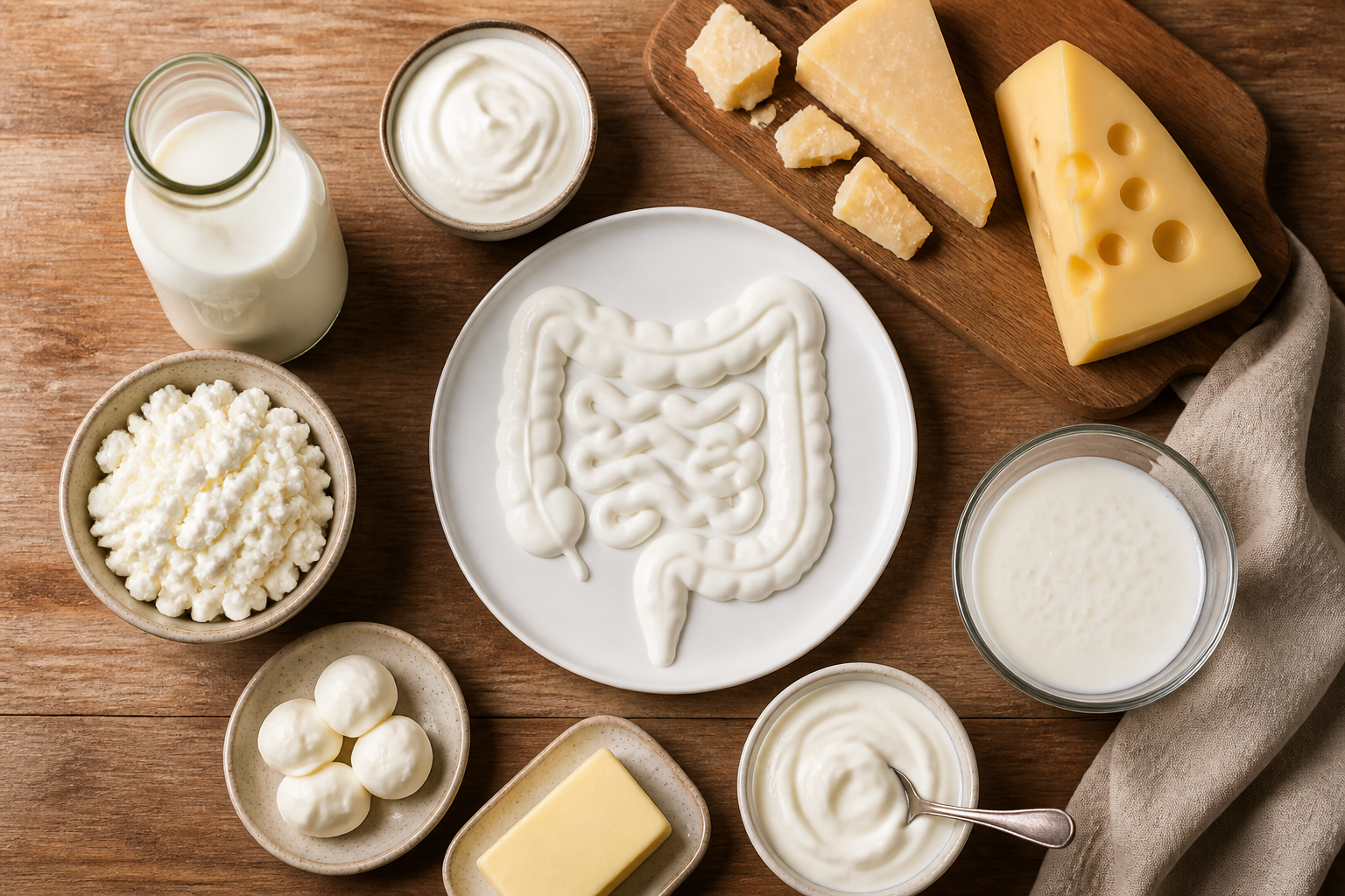 Overhead editorial still life related to Dairy and Your Gut on a warm wooden surface
