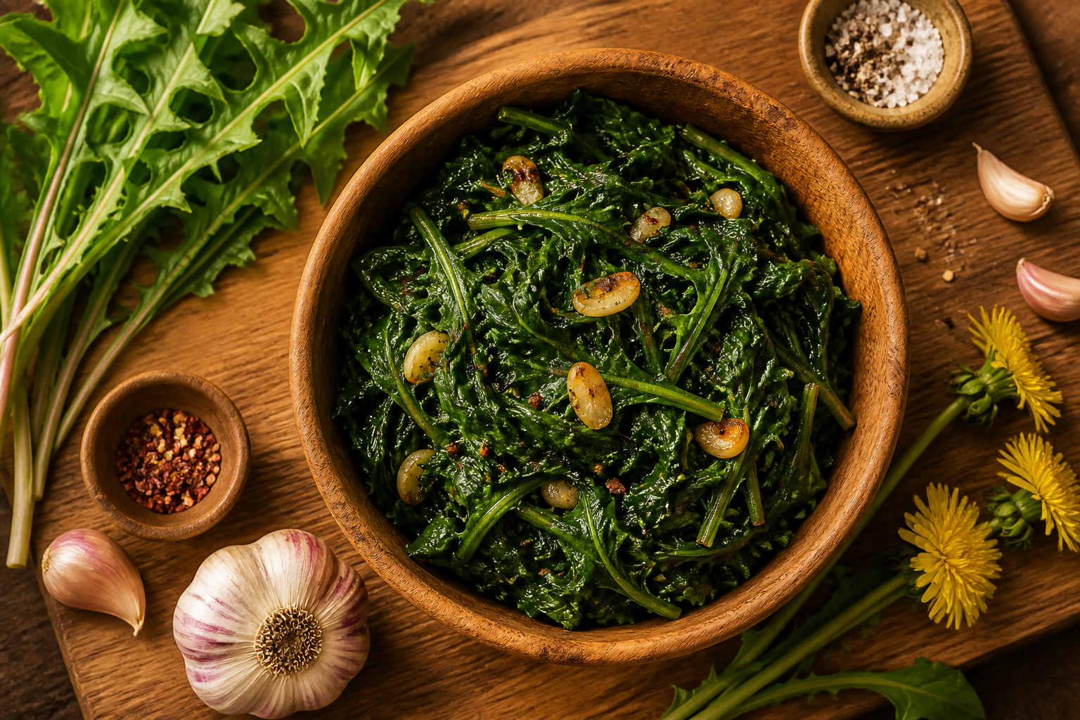 Overhead shot of Dandelion Green Saute with Garlic plated appetizingly in a wooden board