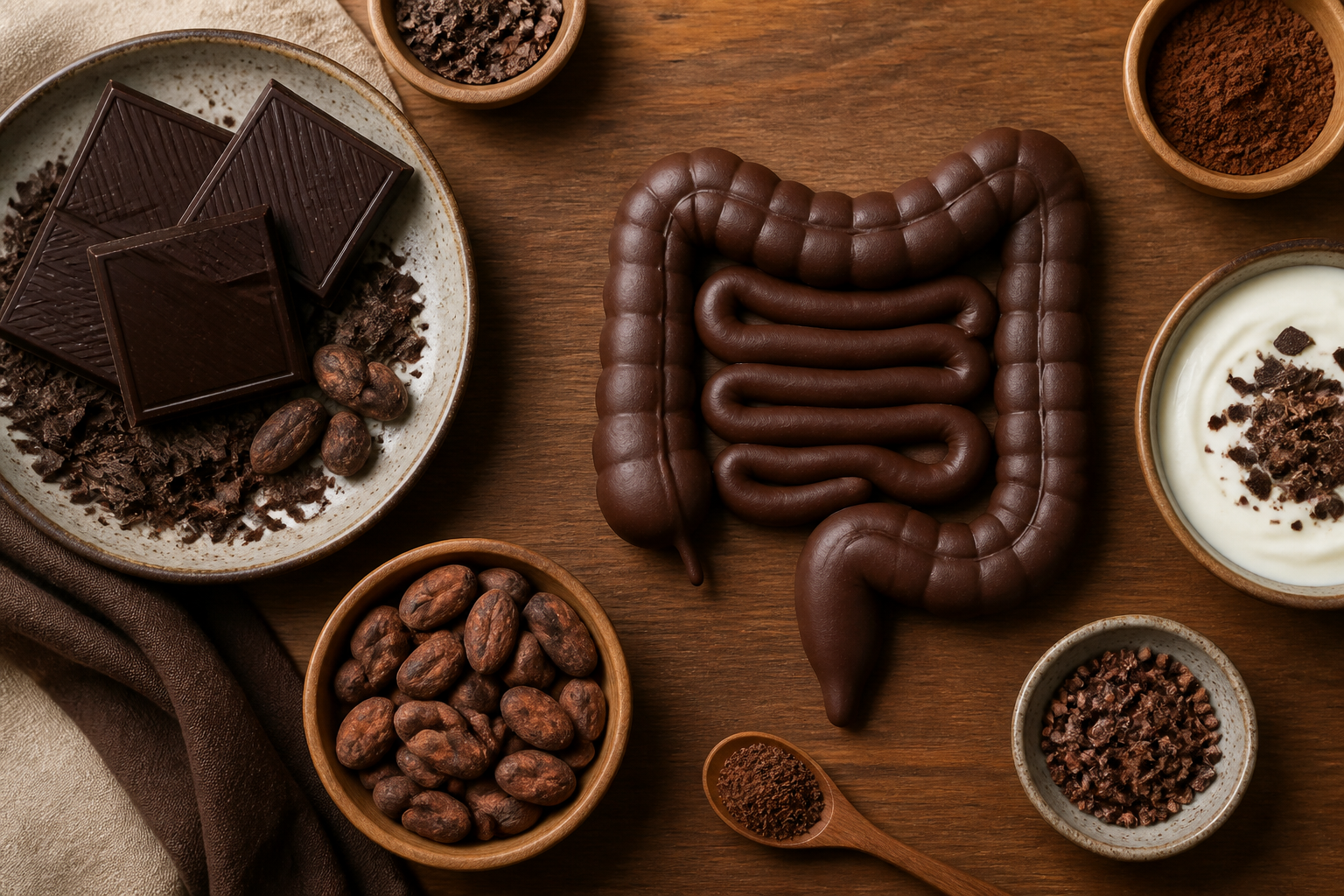 Overhead editorial still life related to Dark Chocolate and Your Gut on a warm wooden surface