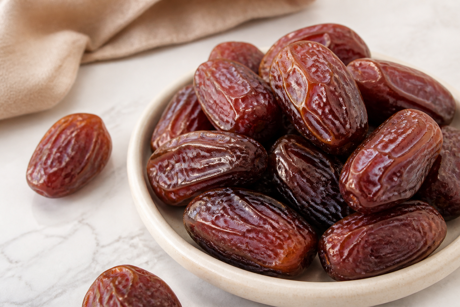 Close-up editorial still life of Dates on a clean wooden or marble surface