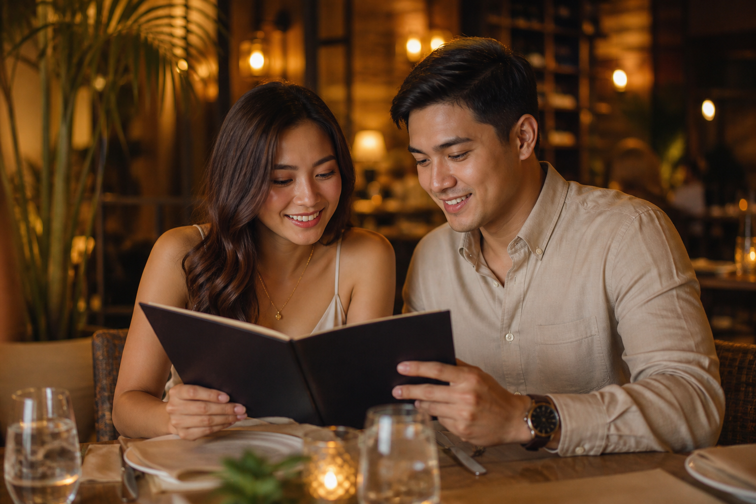 Filipino couple on a first date at a restaurant