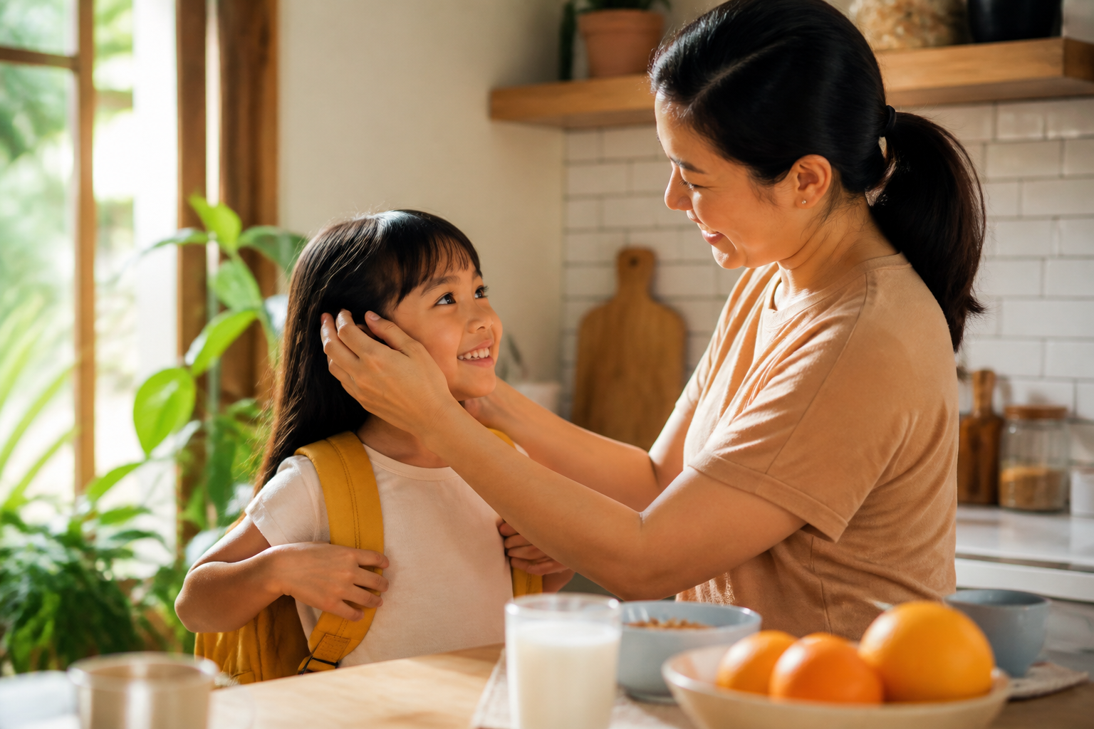 Filipino parent with a child age 6-8 in a warm home kitchen