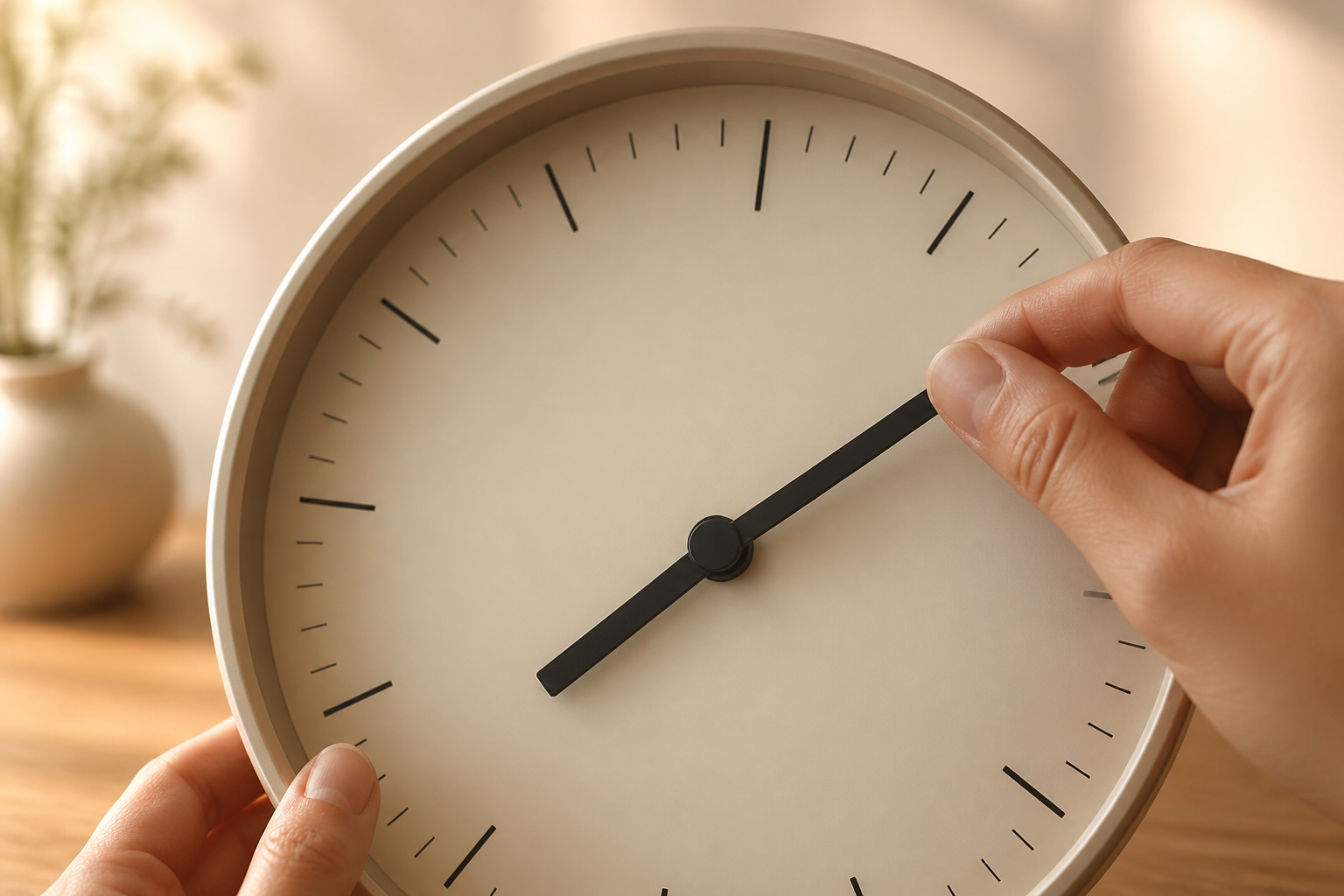 Close-up of an analog clock with the hands being adjusted