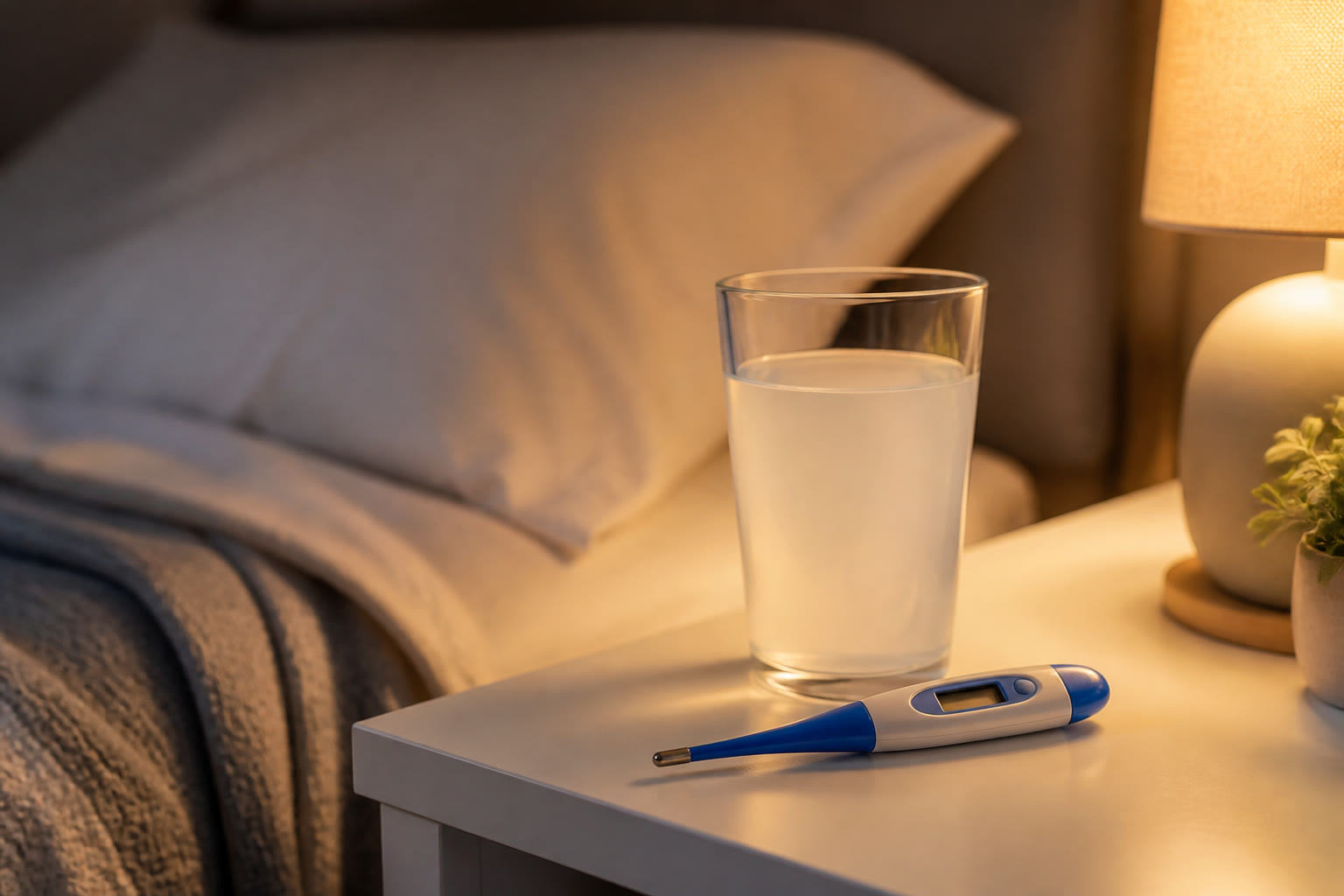 Oral rehydration glass and thermometer on a bedside table