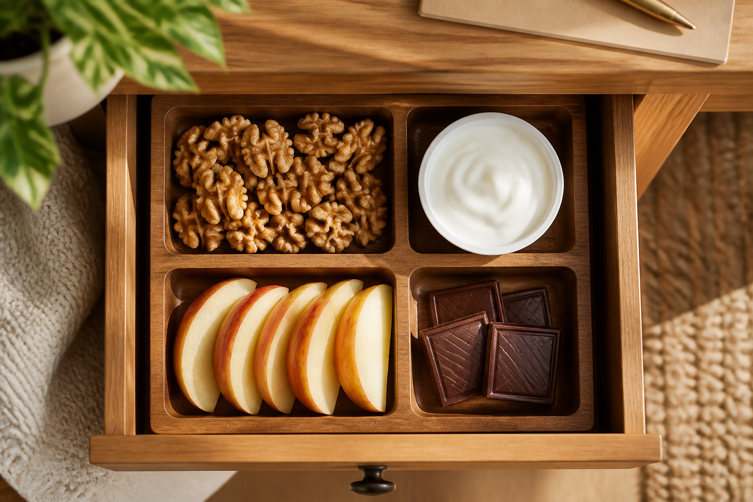 Overhead flat lay of gut-healthy desk snacks — walnuts