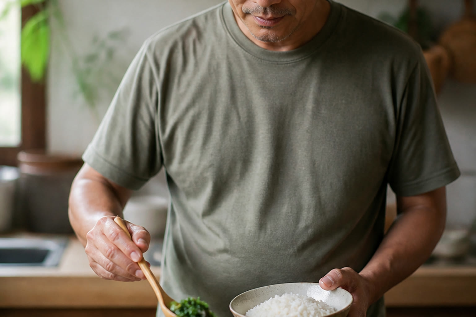 Filipino man in his 50s preparing a balanced meal with rice and vegetables