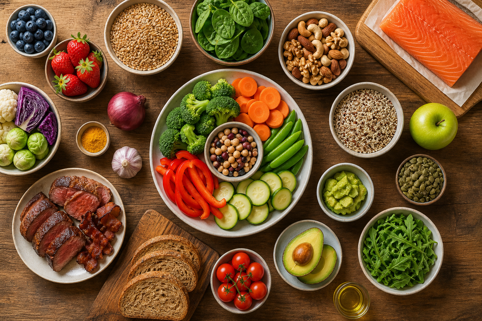 Overhead flat lay of foods representing Diet and Colorectal Cancer Risk arranged beautifully on a wooden surface