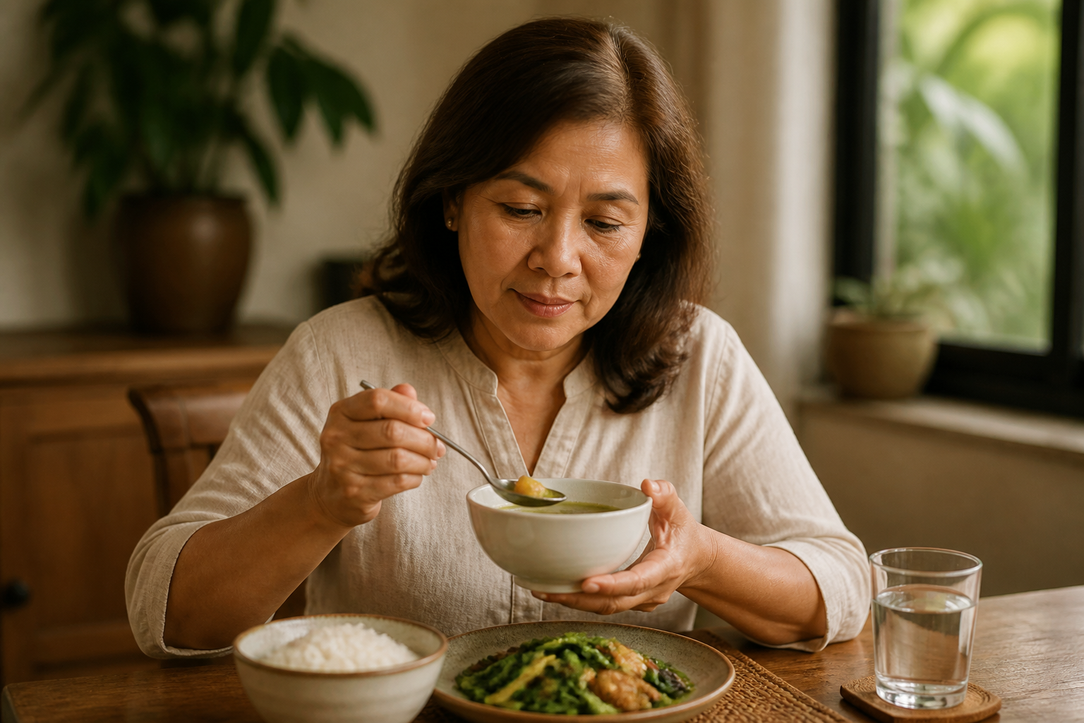 Filipino woman in her 50s at a dining table