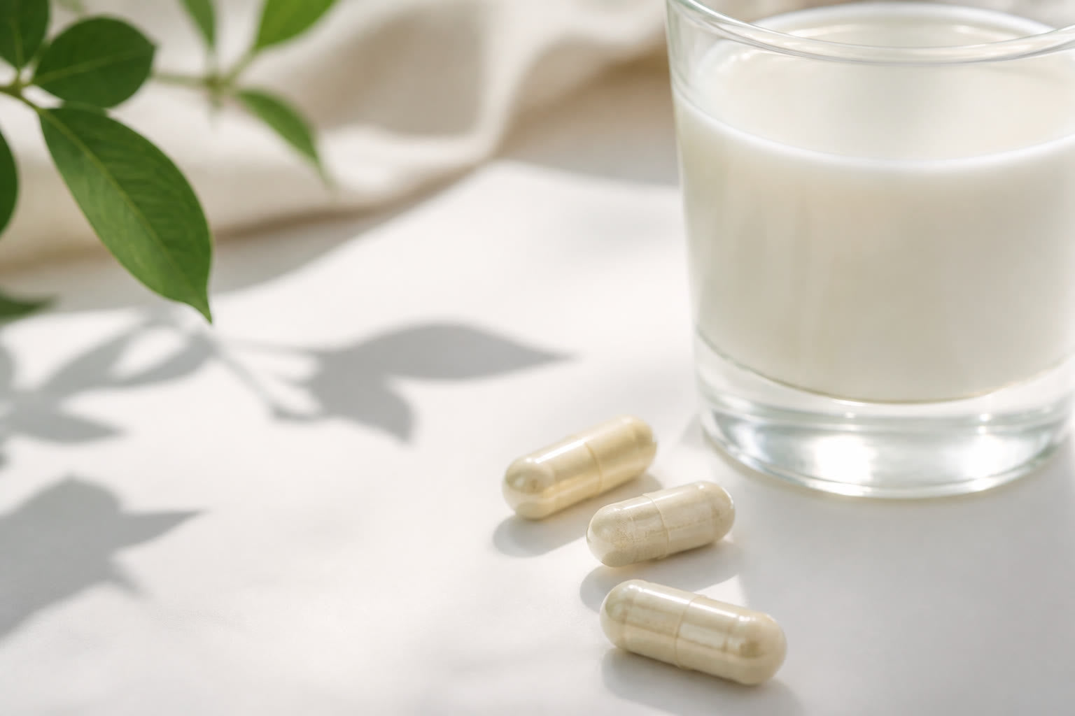A few enzyme capsules beside a glass of milk on a clean white surface.
